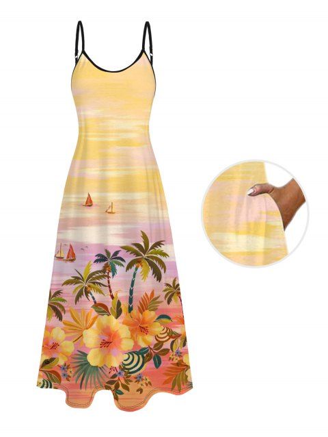 Robe de vacances à imprimé floral et peinture à l'huile représentant un cocotier, robe longue à fines bretelles spaghetti