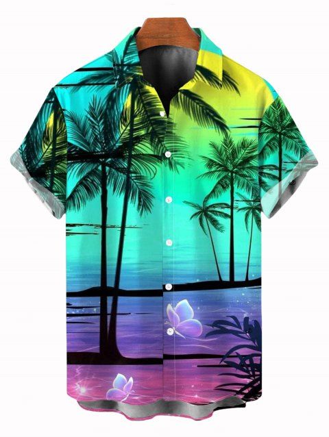 Chemise de plage pour homme à motif cocotier ombré, boutonnée