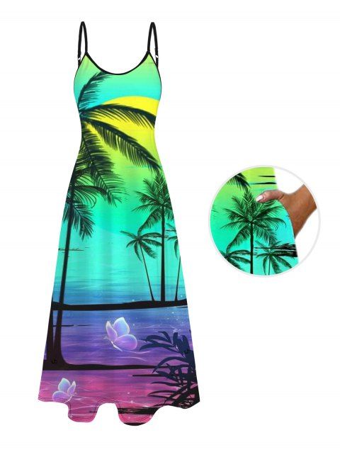 Robe de plage longue à bretelles spaghetti, motif ombré cocotier