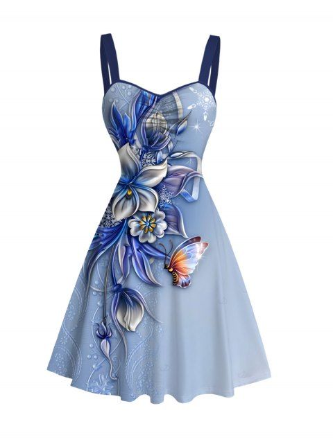 Robe de vacances mini froncée à imprimé floral et papillon