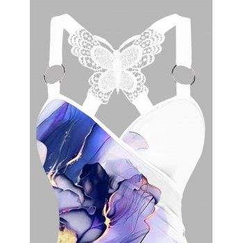 Vacation Tank Top Flower Pattern Lace Butterfly Ruched Tank Top