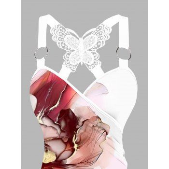 Vacation Tank Top Flower Pattern Lace Butterfly Ruched Tank Top