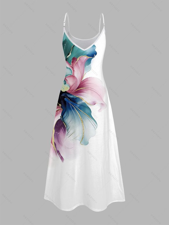 Robe de vacances à bretelles spaghetti et imprimé floral coloré - Blanc XXXXXL | US 20