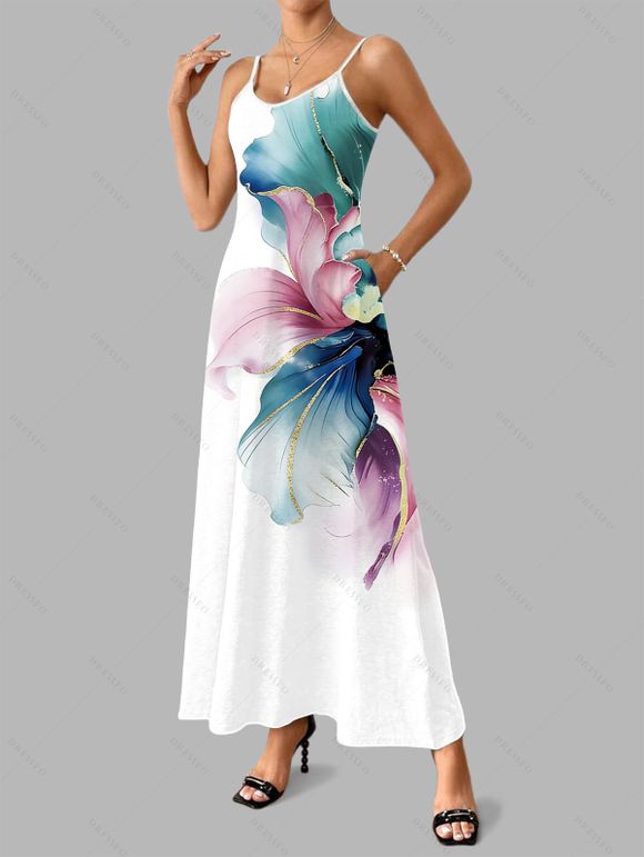 Robe de vacances à bretelles spaghetti et imprimé floral coloré - Blanc XXXXXL | US 20