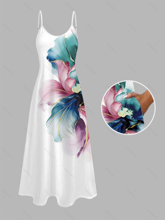 Vacation Couple Outfit Watercolor Floral Print With Gold Foil Accents Long Dress and Shirt Set - Blanc S | US 4