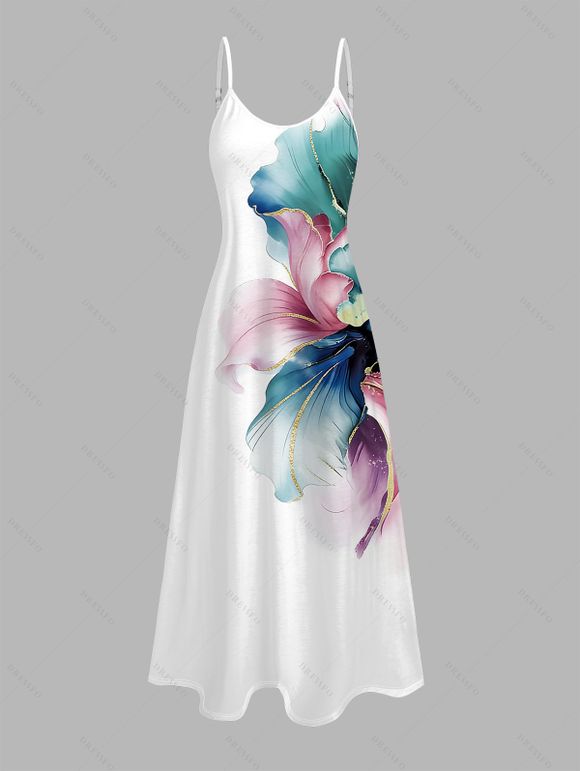 Vacation Couple Outfit Watercolor Floral Print With Gold Foil Accents Long Dress and Shirt Set - Blanc S | US 4