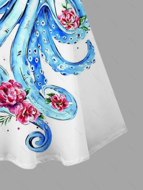 Robe de vacances à imprimé floral pieuvre et fines bretelles spaghetti - Blanc XXXXXL | US 20