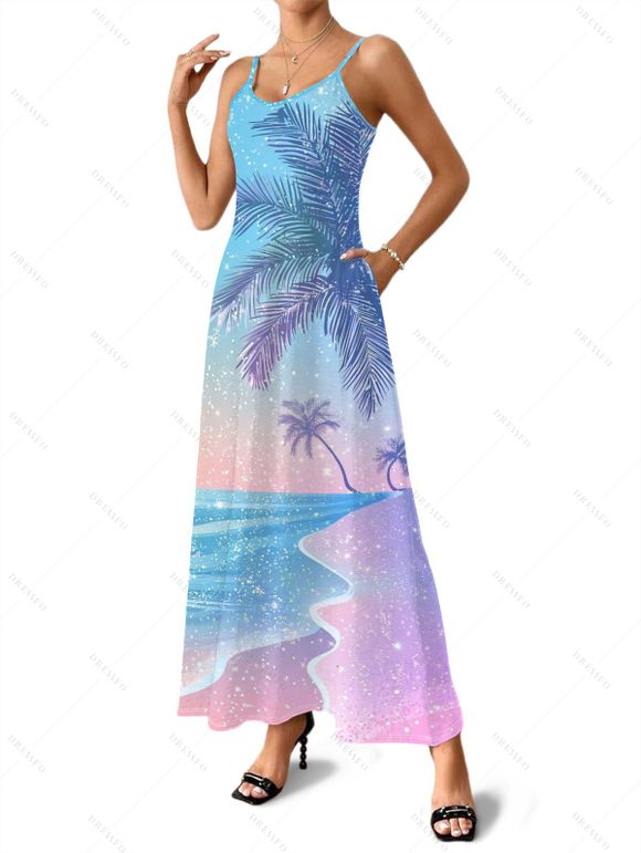 Robe de vacances longue imprimée paysage de plage, cocotiers et neige - Bleu clair L | US 8-10