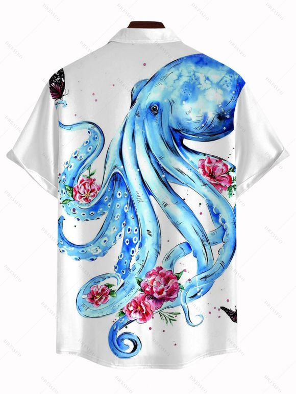 Chemise de vacances pour homme à imprimé floral pieuvre, boutonnée - Blanc 5XL