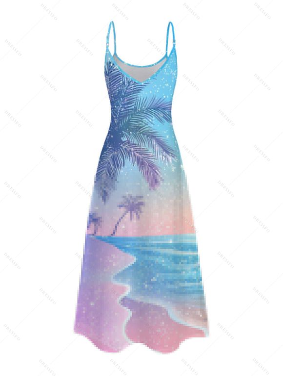 Robe de vacances longue imprimée paysage de plage, cocotiers et neige - Bleu clair L | US 8-10