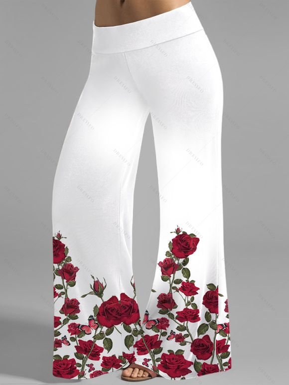 Vacation Outfit Rose Print Ruched Butterfly Lace Tank Top and Wide Leg Pants Set - Blanc S | US 4