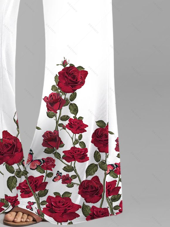Vacation Outfit Rose Print Ruched Butterfly Lace Tank Top and Wide Leg Pants Set - Blanc S | US 4
