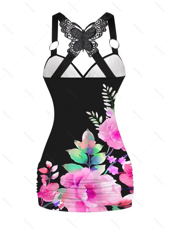 Débardeur de vacances imprimé fleurs et feuilles, dentelle, papillon froncé - Noir L | US 8-10
