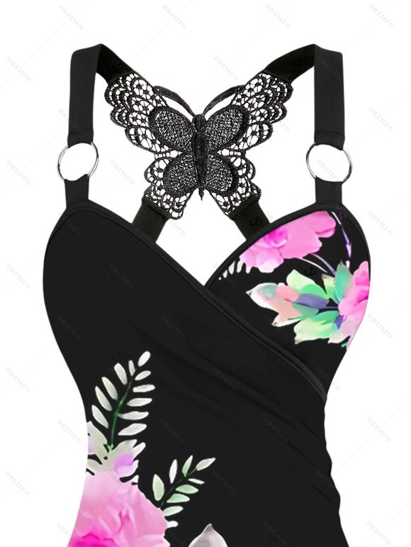 Débardeur de vacances imprimé fleurs et feuilles, dentelle, papillon froncé - Noir L | US 8-10