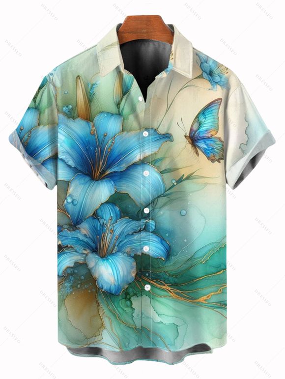 Vacation Couple Outfit Ombre Lily Floral Butterfly Print Dress and Shirt Set - Vert clair S | US 4