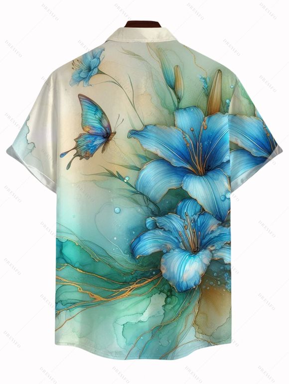 Vacation Couple Outfit Ombre Lily Floral Butterfly Print Dress and Shirt Set - Vert clair S | US 4