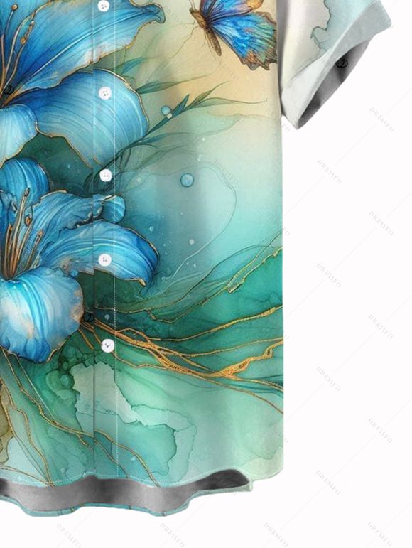 Vacation Couple Outfit Ombre Lily Floral Butterfly Print Dress and Shirt Set - Vert clair S | US 4