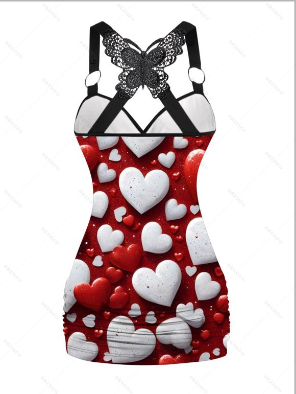 Débardeur Saint-Valentin bicolore à imprimé cœur et dentelle papillon froncée - Rouge Vineux XXL | US 14