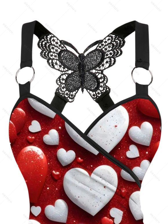 Débardeur Saint-Valentin bicolore à imprimé cœur et dentelle papillon froncée - Rouge Vineux XXL | US 14