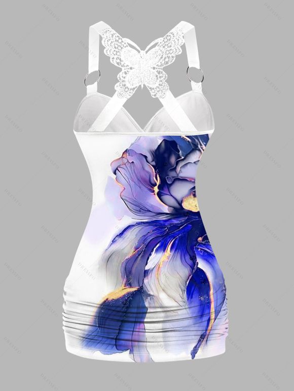 Débardeur de vacances à motif floral, dentelle et papillon froncé - Bleu XXL | US 14