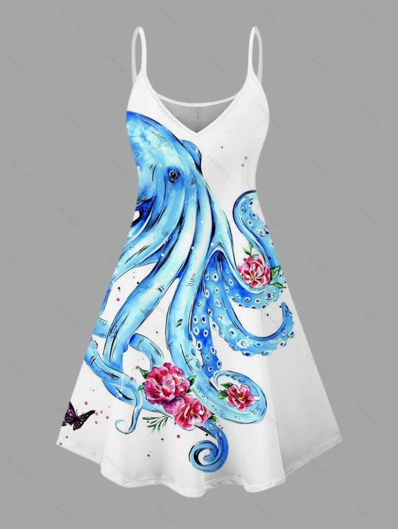 Vacation Couple Outfit Octopus Floral Print Spaghetti Strap Dress and Shirt Set - Blanc S | US 4
