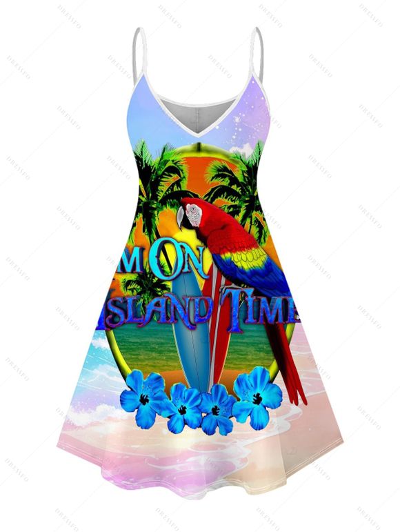 Vacation Couple Outfit Ombre Coconut Tree Parrot Print Dress and Shirt Set - multicolor A S | US 4