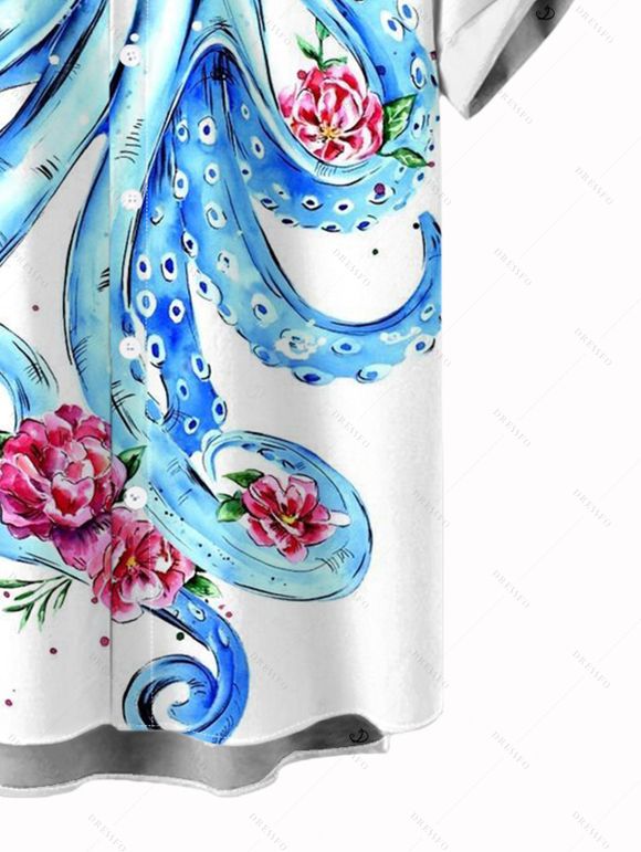 Vacation Couple Outfit Octopus Floral Print Spaghetti Strap Dress and Shirt Set - Blanc S | US 4