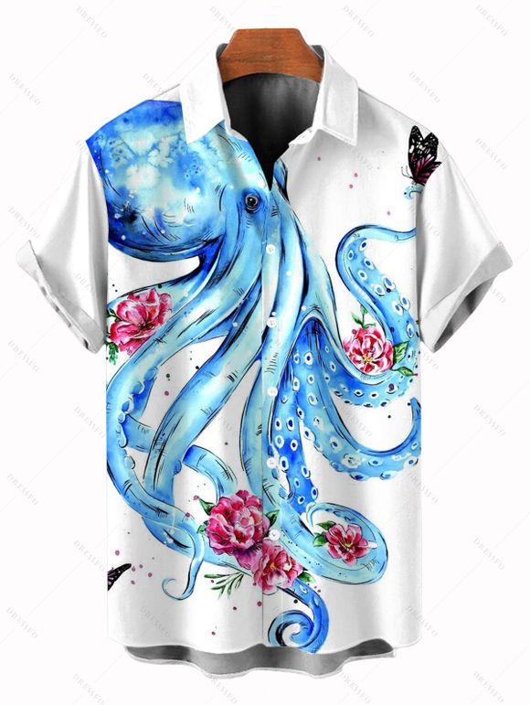 Vacation Couple Outfit Octopus Floral Print Spaghetti Strap Dress and Shirt Set - Blanc S | US 4