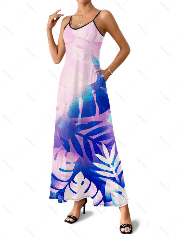 Vacation Couple Outfit Tropical Leaf Pattern Long Dress and Shirt Set - Bleu S | US 4