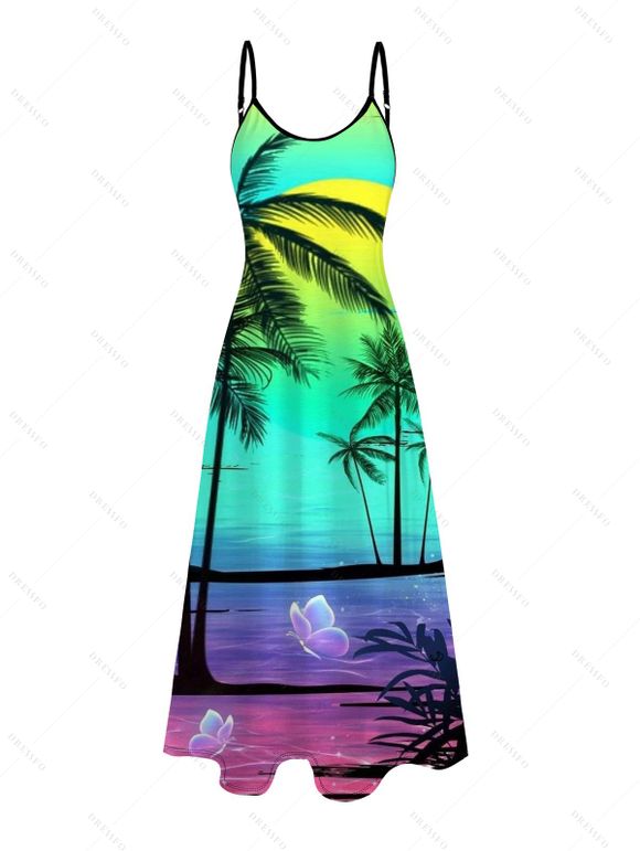 Beach Couple Outfit Ombre Coconut Tree Pattern Long Dress and Shirt Set - multicolor A S | US 4