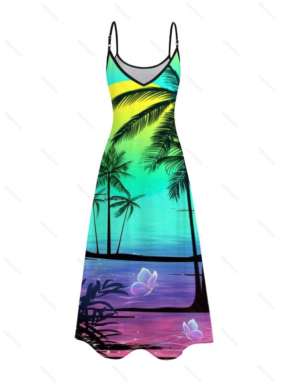 Beach Couple Outfit Ombre Coconut Tree Pattern Long Dress and Shirt Set - multicolor A S | US 4