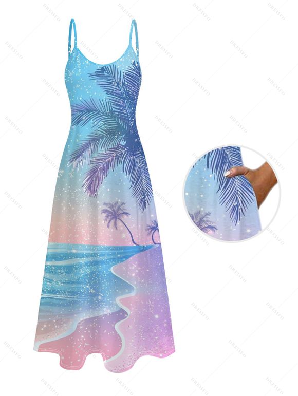 Vacation Couple Outfit Coconut Tree Landscape Snow Print Long Dress and Shirt Set - Bleu clair S | US 4