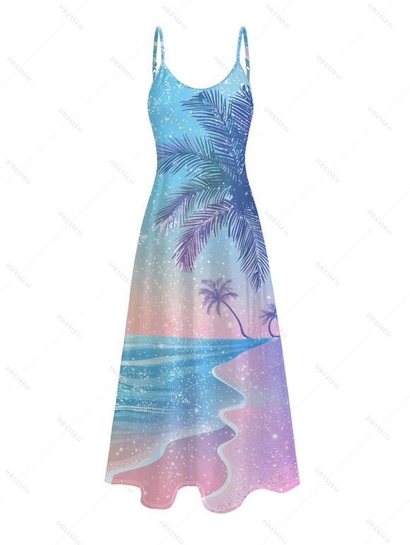 Vacation Couple Outfit Coconut Tree Landscape Snow Print Long Dress and Shirt Set - Bleu clair S | US 4
