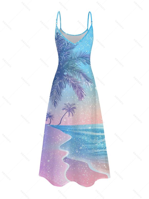 Vacation Couple Outfit Coconut Tree Landscape Snow Print Long Dress and Shirt Set - Bleu clair S | US 4
