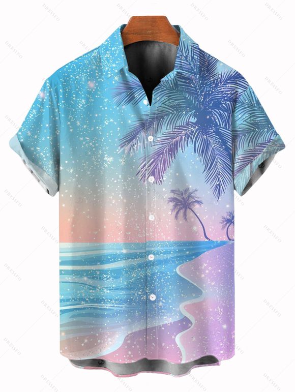 Vacation Couple Outfit Coconut Tree Landscape Snow Print Long Dress and Shirt Set - Bleu clair S | US 4