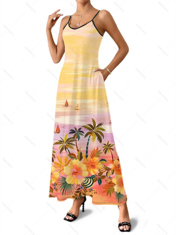 Vacation Couple Outfit Oil Painting Coconut Tree Floral Print Long Dress and Shirt Set - PALE GOOSE YELLOW S | US 4