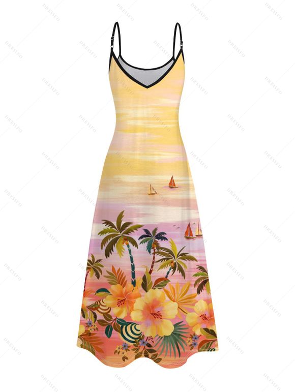 Vacation Couple Outfit Oil Painting Coconut Tree Floral Print Long Dress and Shirt Set - PALE GOOSE YELLOW S | US 4