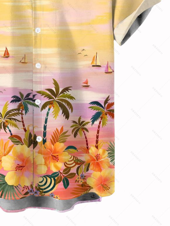 Vacation Couple Outfit Oil Painting Coconut Tree Floral Print Long Dress and Shirt Set - PALE GOOSE YELLOW S | US 4