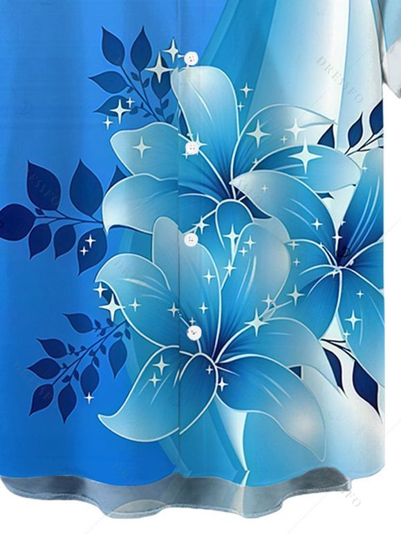 Chemise de vacances pour homme à boutons, motif floral colorblock - Bleu Ciel 5XL