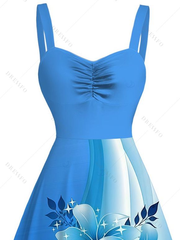 Robe de vacances mini froncée à motif floral colorblock - Bleu Ciel L | US 8-10