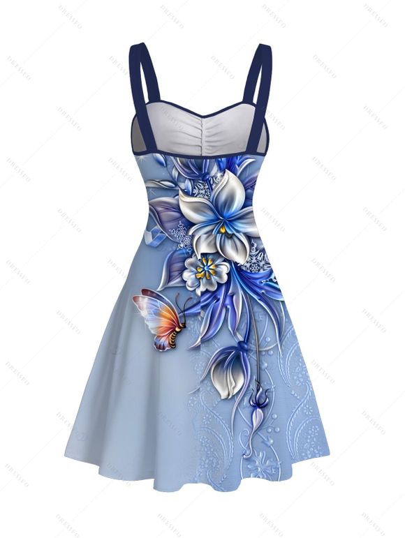 Robe de vacances mini froncée à imprimé floral et papillon - Bleu gris L | US 8-10