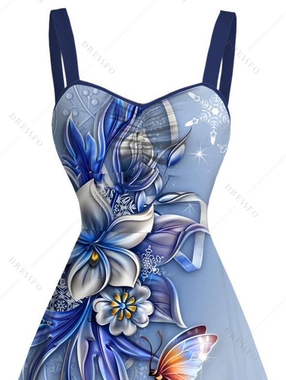 Robe de vacances mini froncée à imprimé floral et papillon - Bleu gris L | US 8-10