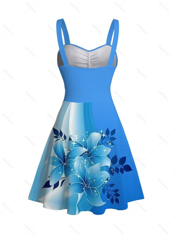 Vacation Couple Outfit Colorblock Flower Pattern Ruched Mini Dress and Shirt Set - Bleu Ciel S | US 4