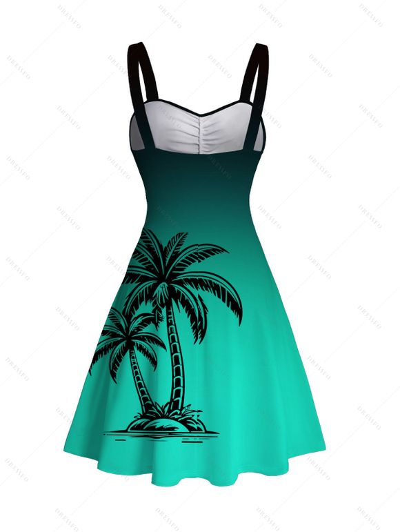 Robe de vacances pour la plage, mini-robe froncée à imprimé ombré de cocotiers - Vert L | US 8-10
