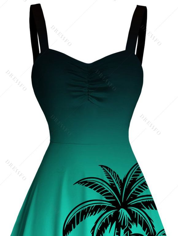 Robe de vacances pour la plage, mini-robe froncée à imprimé ombré de cocotiers - Vert L | US 8-10