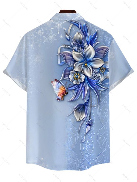 Chemise de vacances pour homme, imprimée de fleurs et de papillons, à boutons - Bleu gris 5XL