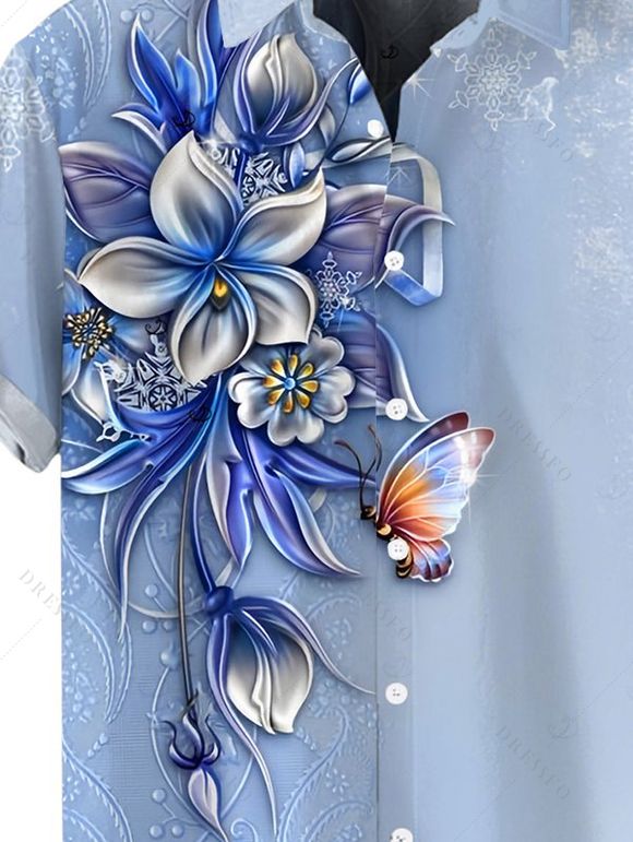 Chemise de vacances pour homme, imprimée de fleurs et de papillons, à boutons - Bleu gris 5XL