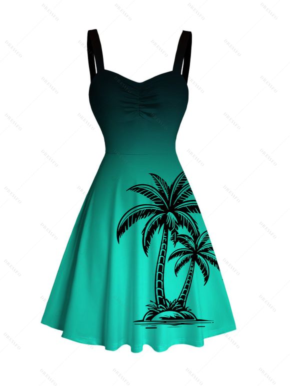 Vacation Couple Outfit for Beach Ombre Coconut Tree Print Ruched Dress and Shirt Set - Vert S | US 4