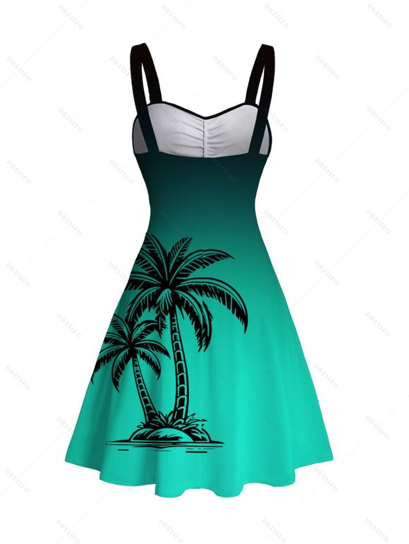 Vacation Couple Outfit for Beach Ombre Coconut Tree Print Ruched Dress and Shirt Set - Vert S | US 4