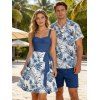 Tropical Flower Leaf Print Belted Mini Vacation Dress And Short Sleeve Shirt Matching Outfit